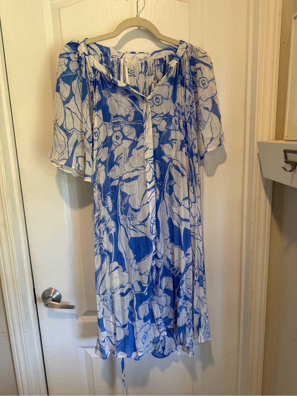 Anthropologie White and Blue Floral Printed Midi Dress